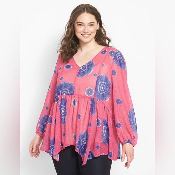 Lane Bryant Relaxed Long Sleeve V Neck Babydoll Blouse in Batik Size 18/20 - Picture 1 of 12